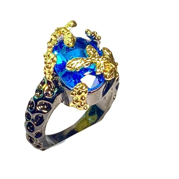 Blue Topaz Gemstone in a Unique Black Gold Ring (7) - Picture 1 of 7
